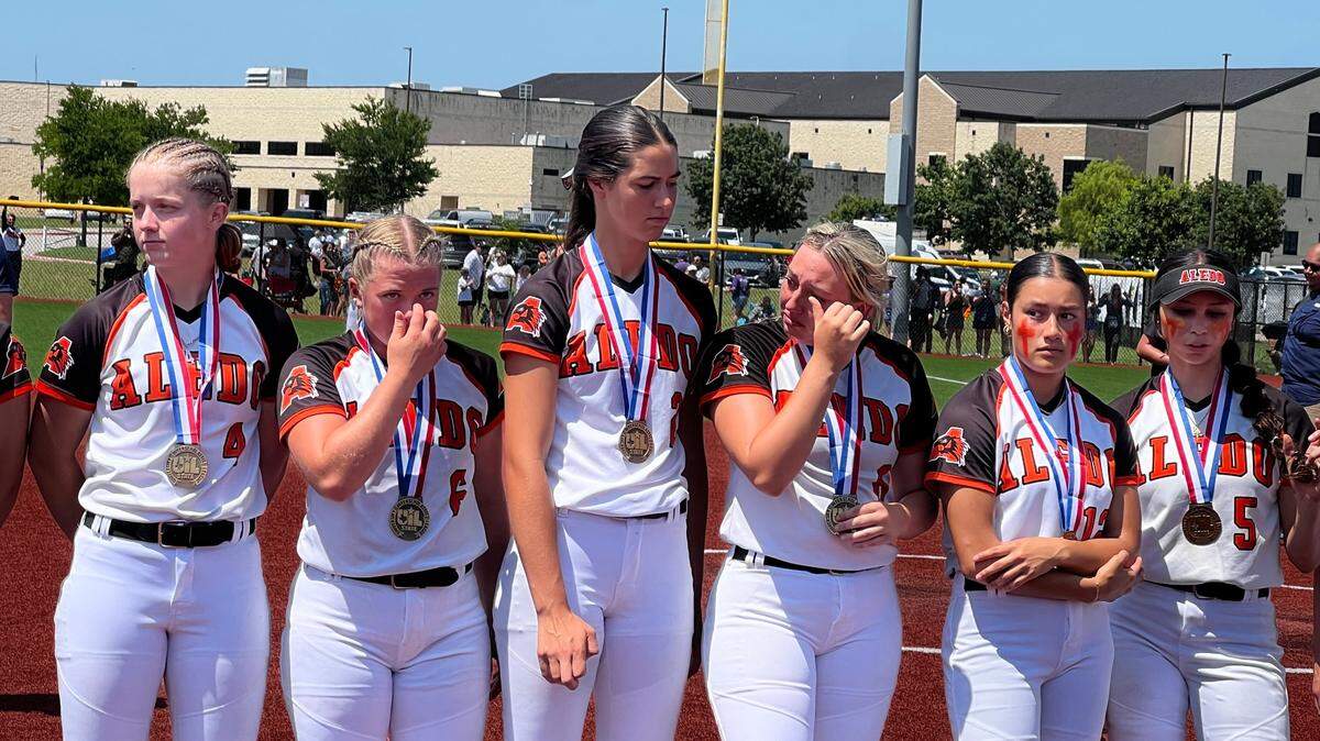 Aledo softball accepts medals for a Class 5A state semifinal appearance following a 1-0 loss to Harlingen South at East View High School on May 31, 2024.