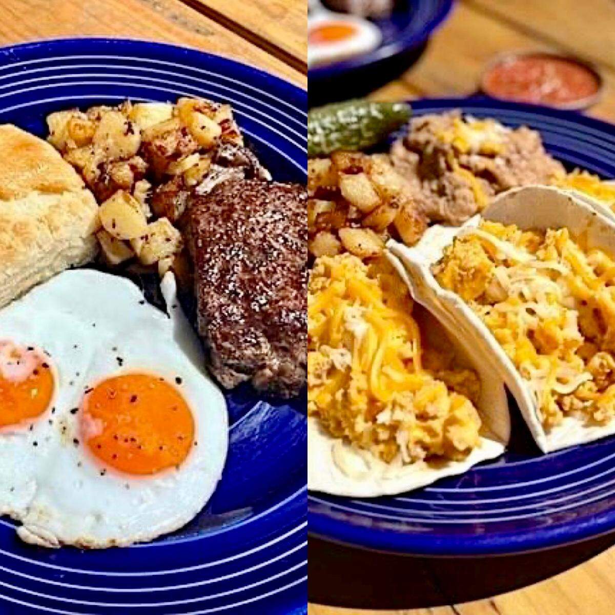 A steak-and-eggs breakfast, left, and breakfast tacos at Fred’s Texas Cafe.