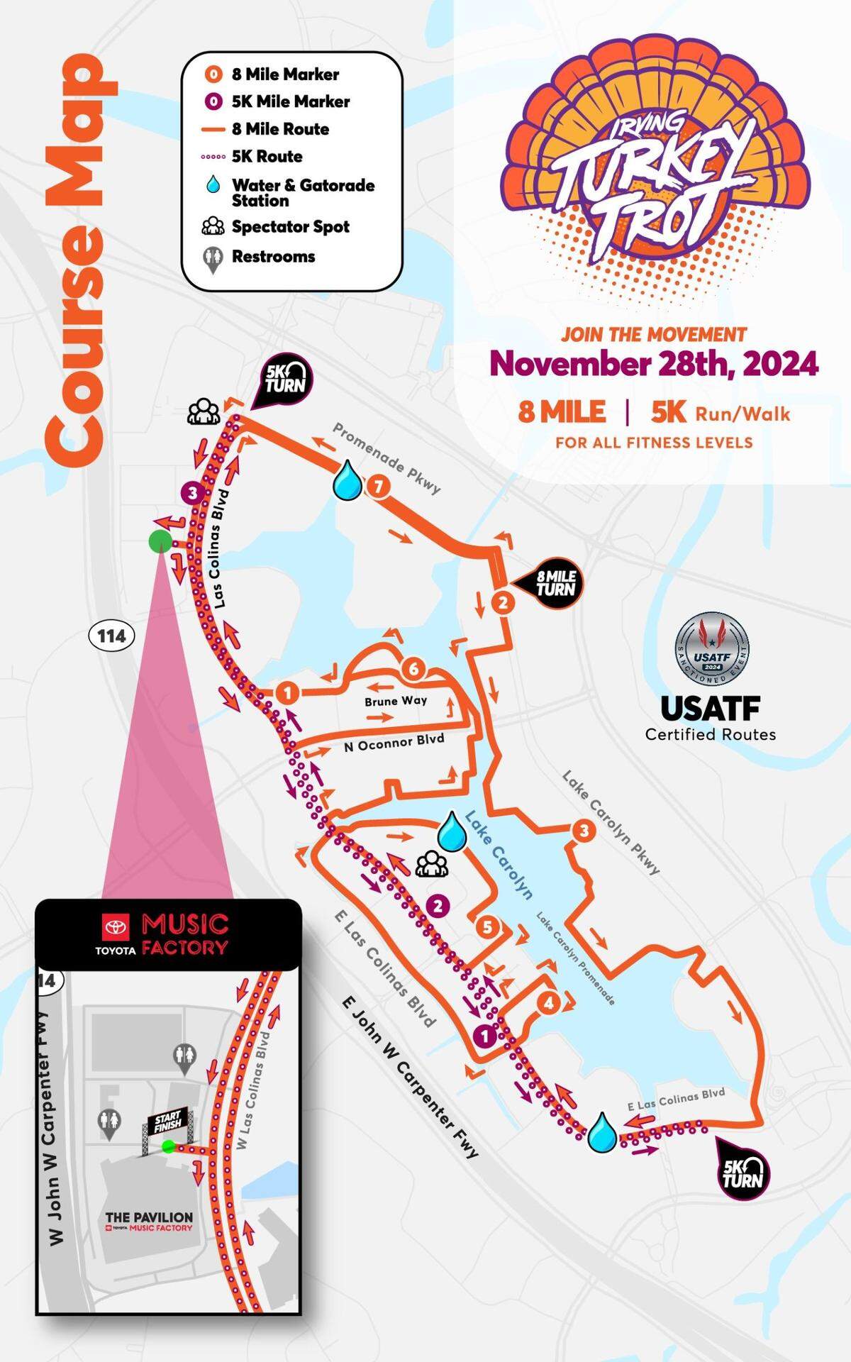 Irving Turkey Trot map routes for the 5K and 8K runs.