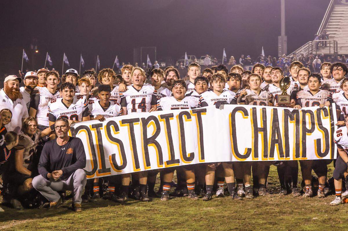 Springtown’s football team celebrates the double-overtime victory at the Friday, Nov. 1 game at Decatur. Special to the Star-Telegram / Tom Marvin