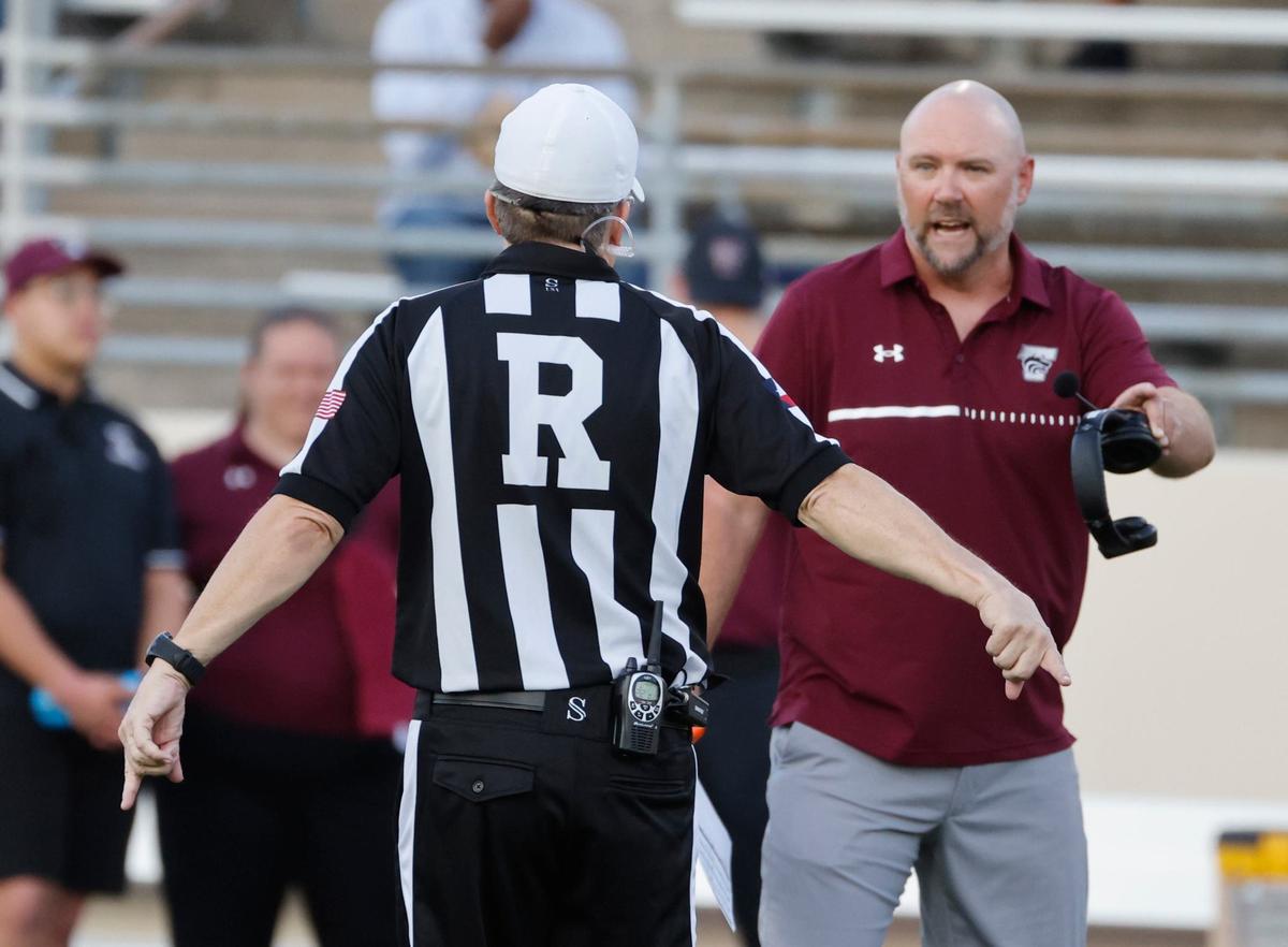 Timberview head coach Robby De Santo talks to the referee during a UIL football game at C.H. Collins Activity Complex in Denton, Texas, Thursday, Sept. 05, 2024.