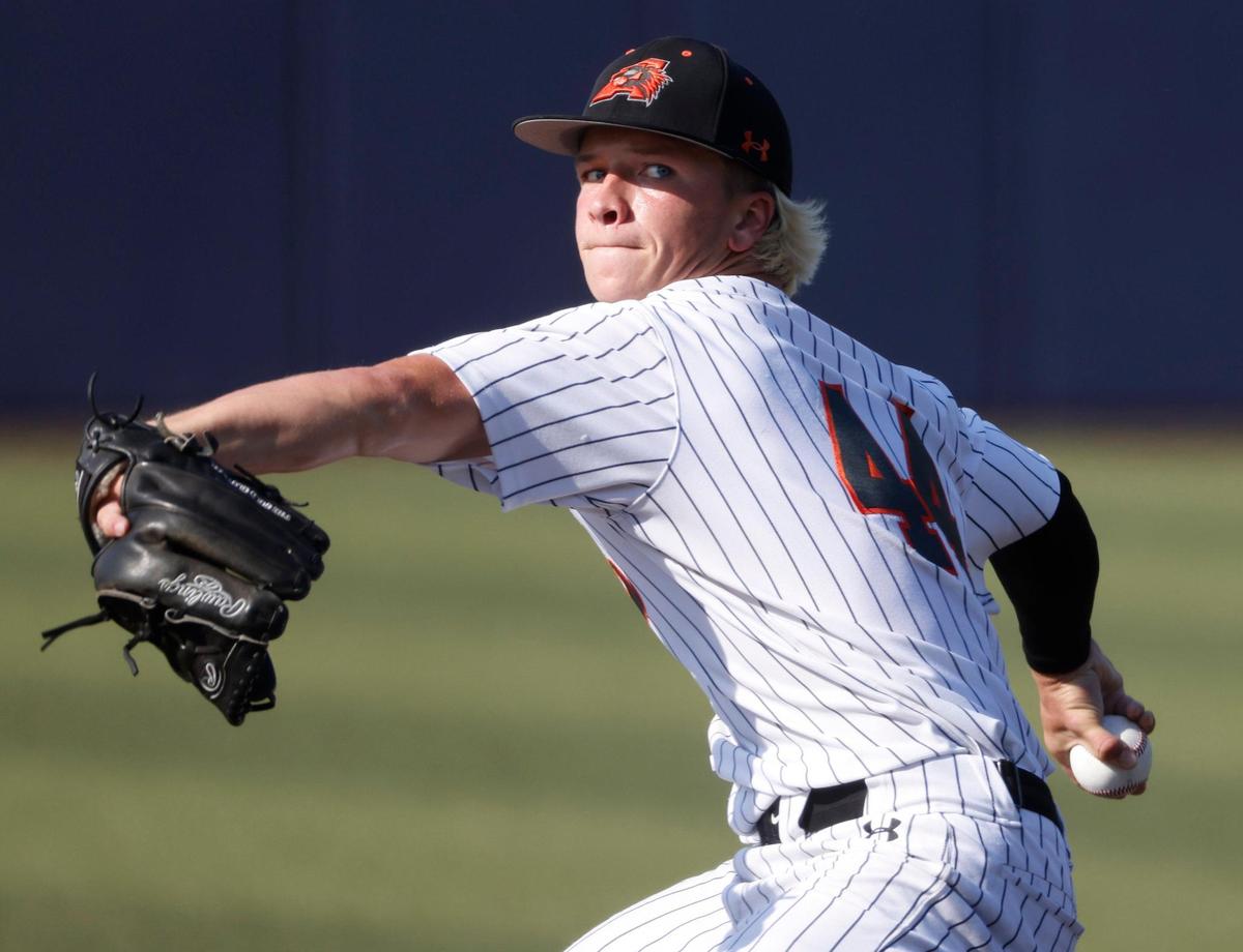 Aledo pitcher Luke Sandefur (44) strikes a batter during a UIL 5A D1 semifinal baseball game at Dallas Baptist University’s Horner Ballpark in Dallas, Texas, Thursday, May 29, 2025.