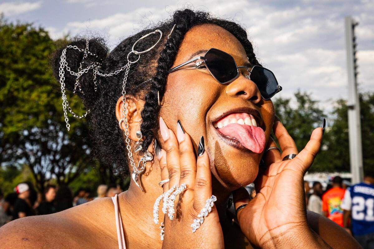 Nikea Gaines poses for a portrait before entering Beyonce’s Renaissance World Tour at AT&T Stadium in Arlington on Thursday, Sept. 21, 2023.