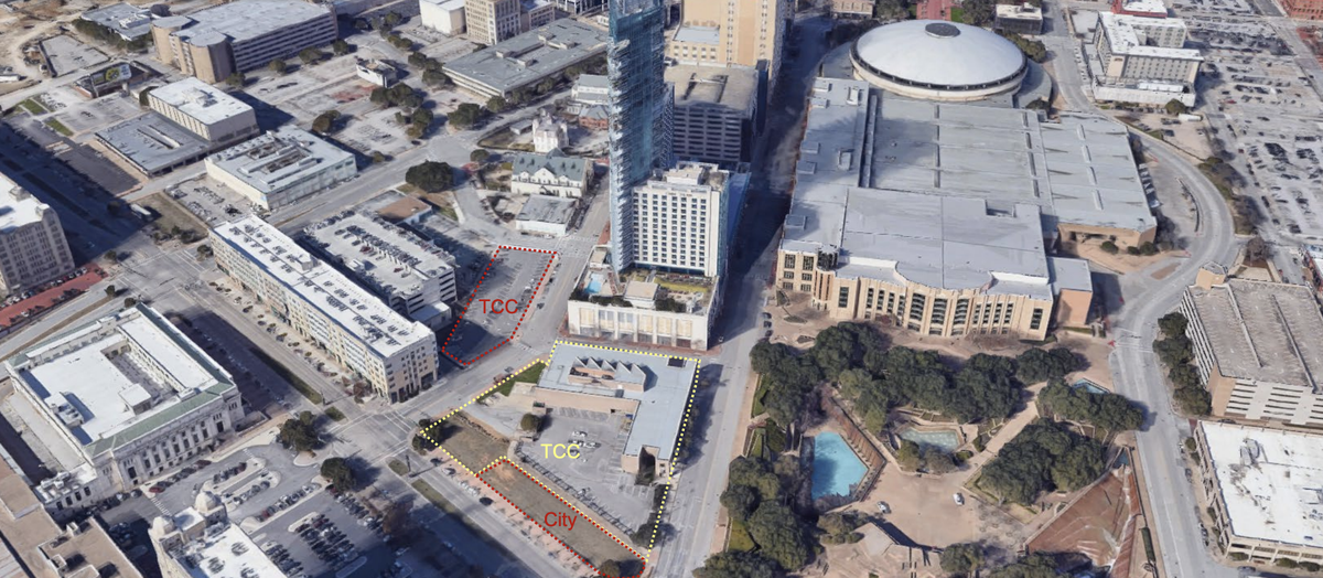 A bird's-eye view of the current Omni hotel and TCC building. The map shows plans for the hotel's expansion across the street from the Fort Worth Convention Center.