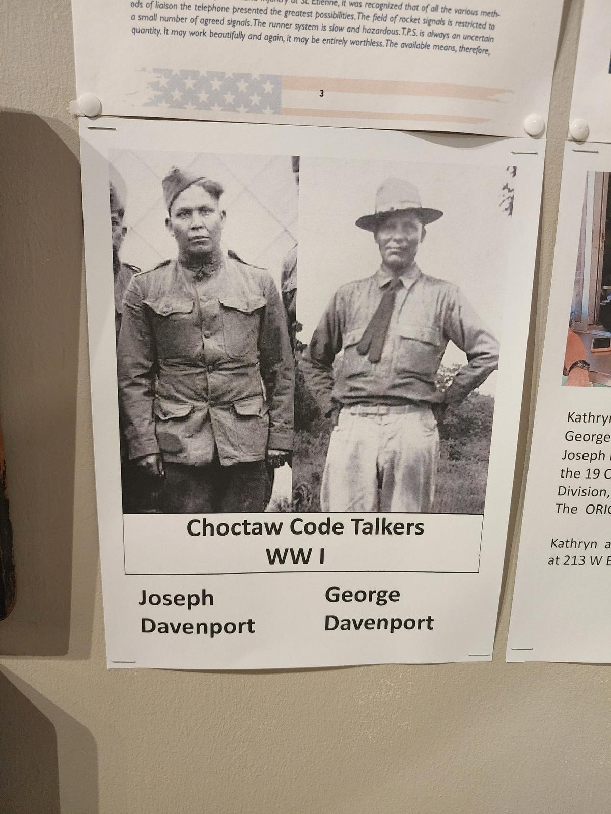 Joseph Davenport and George Davenport were among the original Choctaw code talkers in World War I. Their story is on display at the Military Museum of Fort Worth.