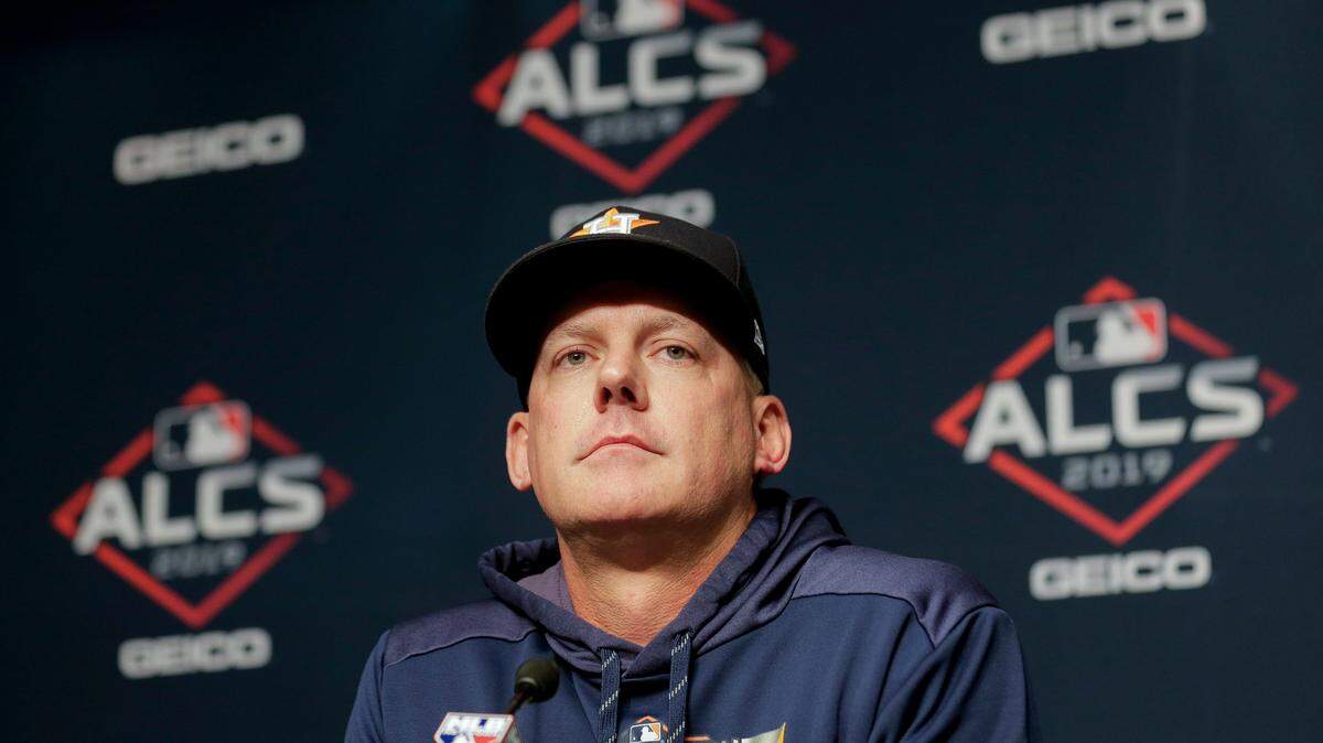 Houston Astros manager AJ Hinch answers questions before Game 5 of baseball’s American League Championship Series against the New York Yankees, Friday, Oct. 18, 2019, in New York. (AP Photo/Seth Wenig)