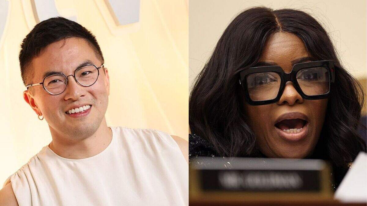 Left: Actor/comedian Bowen Yang in September 2025. (Photo by Michael Tran / AFP) Right: Rep. Jasmine Crockett, D-Dallas, in September 2025. (Photo by Win McNamee/Getty Images)