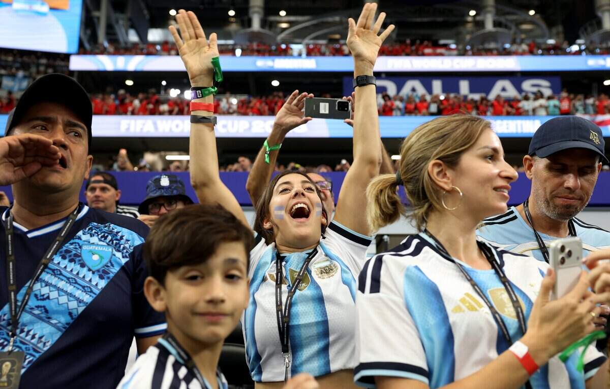 Argentina fans cheer as their team takes the field for warmups during the FIFA World Cup 2026 matchup against Austria on Monday, June 22, 2026, at Dallas Stadium in Arlington.