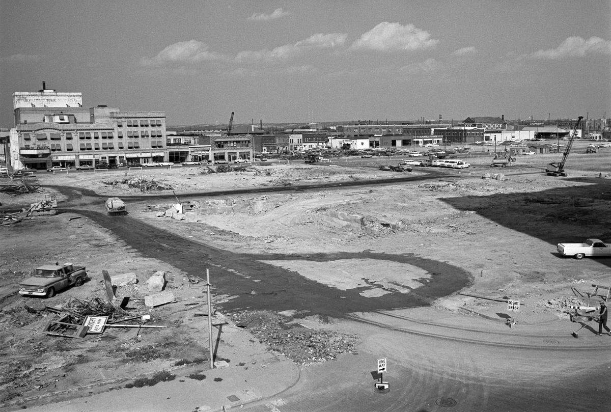 The fourteenth and last block to be demolished held the Majestic Theater (back left), where Martin Luther King spoke in October 1959. That visit is now commemorated with an historic marker.
