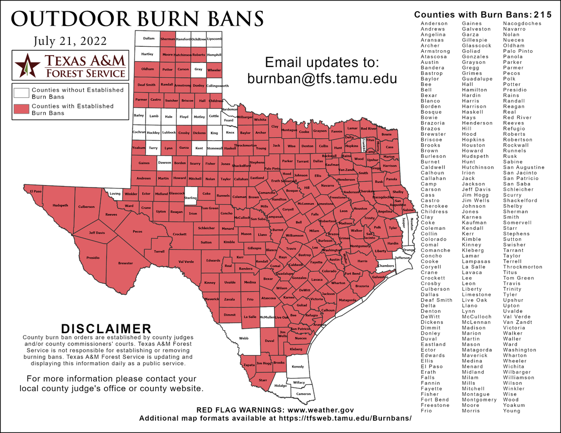 More than 200 counties have instituted outdoor burn bans because the drought has contributed to an increased risk of wildfires.