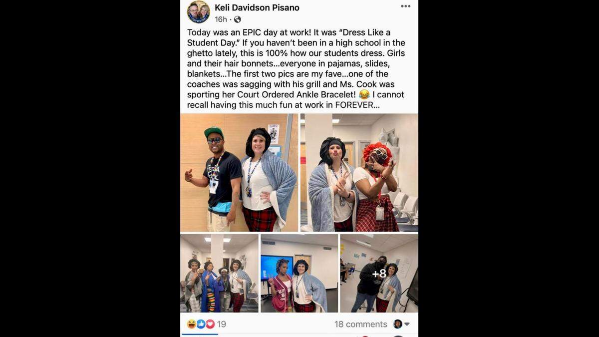 A screen shot of a Facebook post showing teachers dress like students and saying, "If you haven’t been in a high school in the ghetto lately, this is 100% how our students dress."