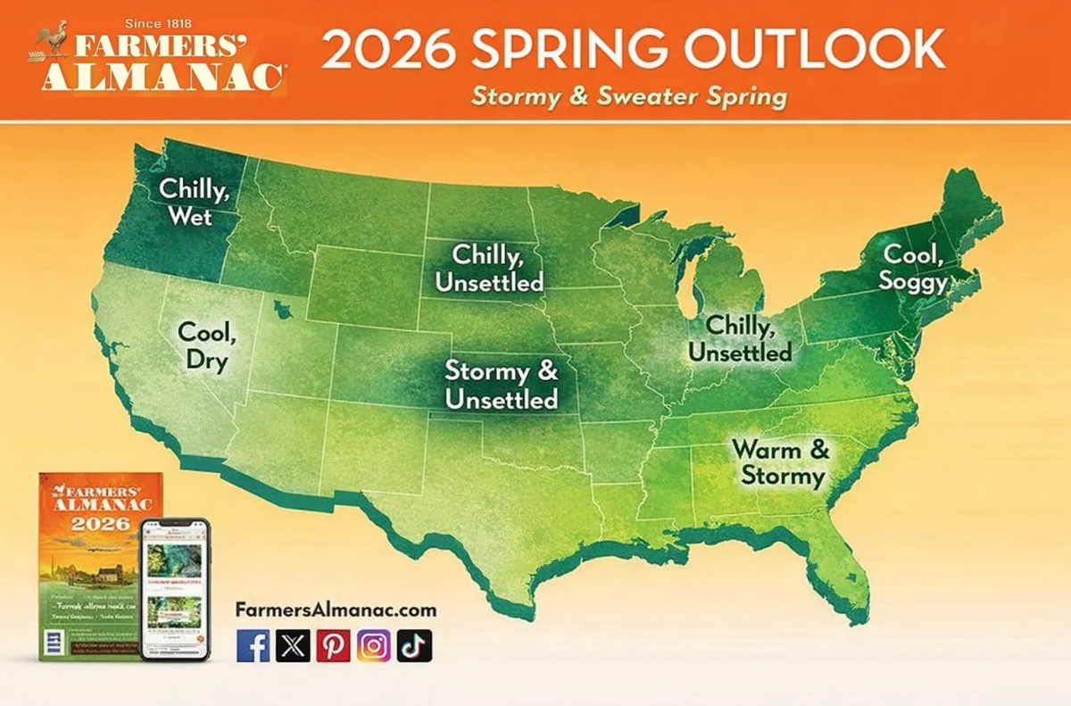 The Farmers’ Almanac’s spring weather forecast for 2026.