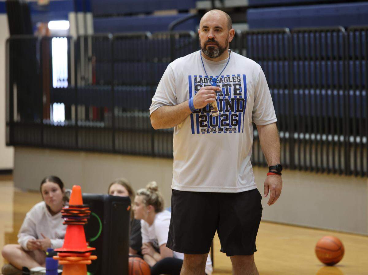 Decatur High School head girls basketball coach Drew Coffman works during a practice at Decatur High School in Decatur, Tx. Tuesday, March 31, 2026