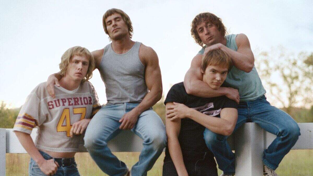 (L-R) Harris Dickinson as David Von Erich, Zac Efron as Kevin Von Erich, Jeremy Allen White as Kerry Von Erich and Stanley Simons as Mike Von Erich in “The Iron Claw”.
