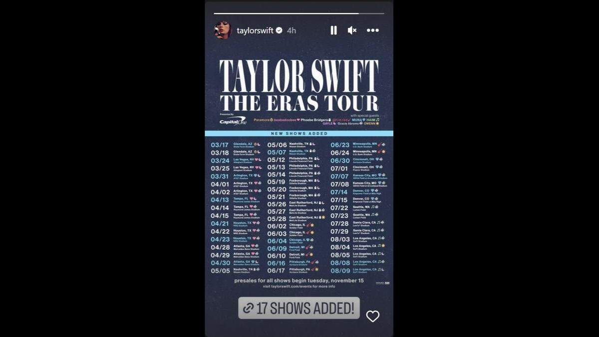 Taylor Swift announced the addition of 17 shows for her ‘Eras Tour’ on Instagram Friday.