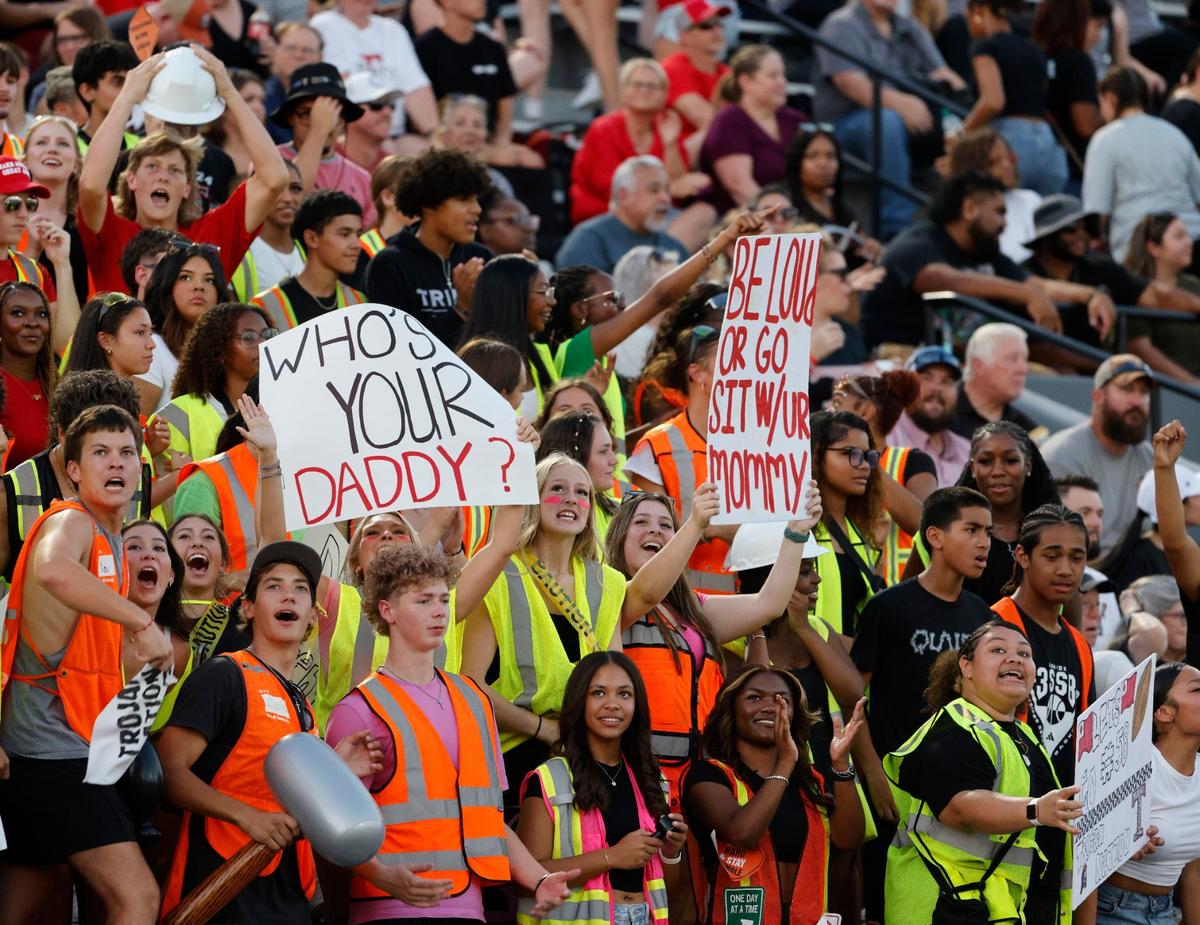 Trinity fans show their support during a UIL 6A Conference football game at Pennington Field in Bedford Texas, Friday, Sept. 20, 2024.