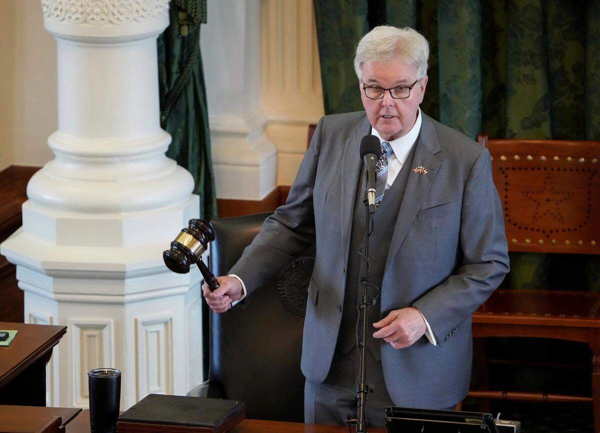 Lt. Gov. Dan Patrick presides over the Senate at the Capitol on the first day of the 88th Legislative Session Tuesday, Jan. 10, 2023, in Austin, Texas. (Jay Janner/Austin American-Statesman via AP)