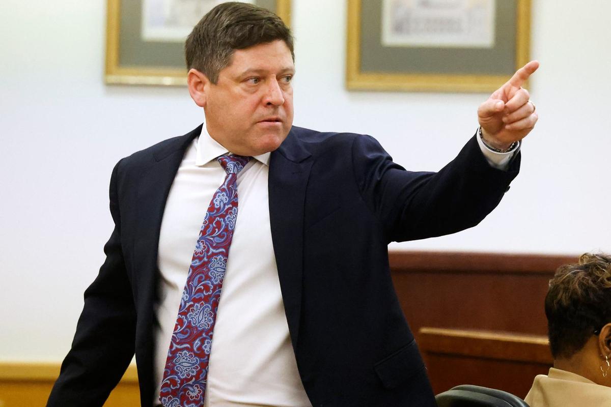 Tarrant County Assistant District Attorney Dale Smith gives the prosecution’s opening statement during the capital murder trial of defendant Paige Terrell Lawyer on Monday at the Tim Curry Criminal Justice Center in Fort Worth. Lawyer is on trial in the April 2018 strangulation of his girlfriend, O’Tishae Womack, and her 10-year-old daughter, Ka’Myria Womack.