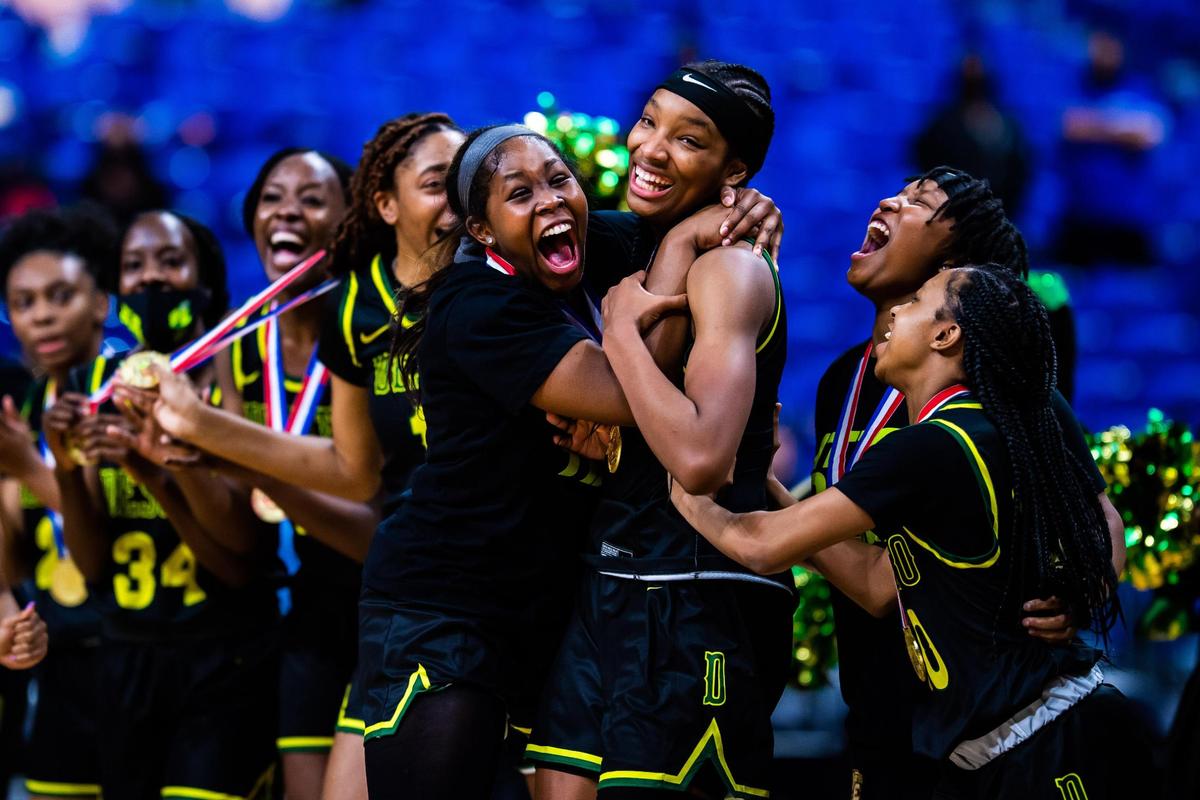 Sa’Myah Smith is cheered on by her teammates after being selected as the MVP of 6A state championship after DeSoto beat Cypress Creek 53-37 at the Alamodome in San Antonio Texas, on March 11, 2021. (Photo by Matt Smith. Special to the Star-Telegram).