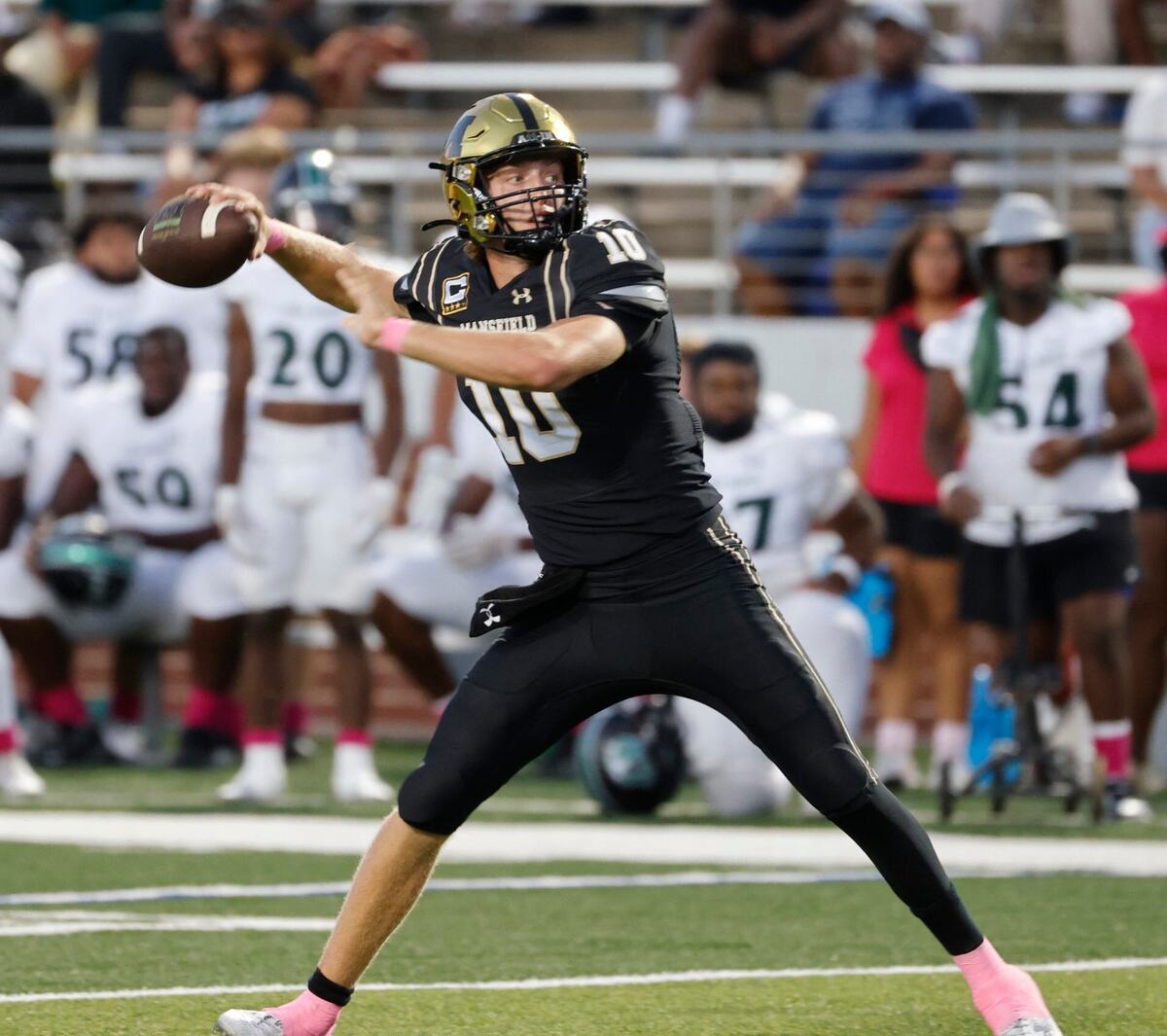 Mansfield quarterback Braxton Van Cleave (10) unloads downfield for a completion during a UIL football game at Vernon Newsom Stadium in Mansfield Texas, Thursday, Oct. 03, 2024.