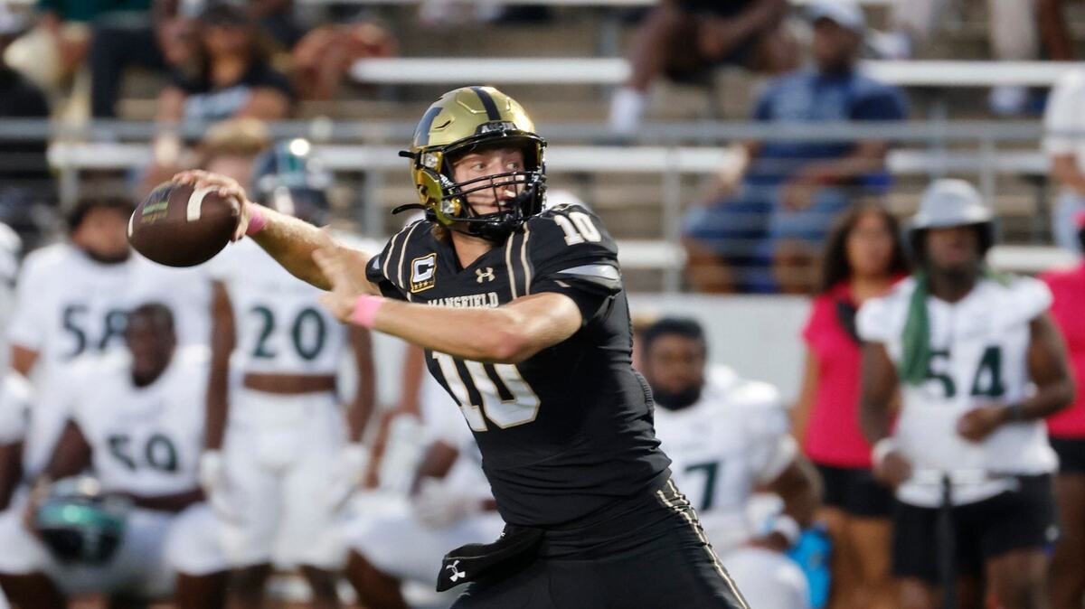 Mansfield quarterback Braxton Van Cleave (10) unloads downfield for a completion during a UIL football game at Vernon Newsom Stadium in Mansfield Texas, Thursday, Oct. 03, 2024.