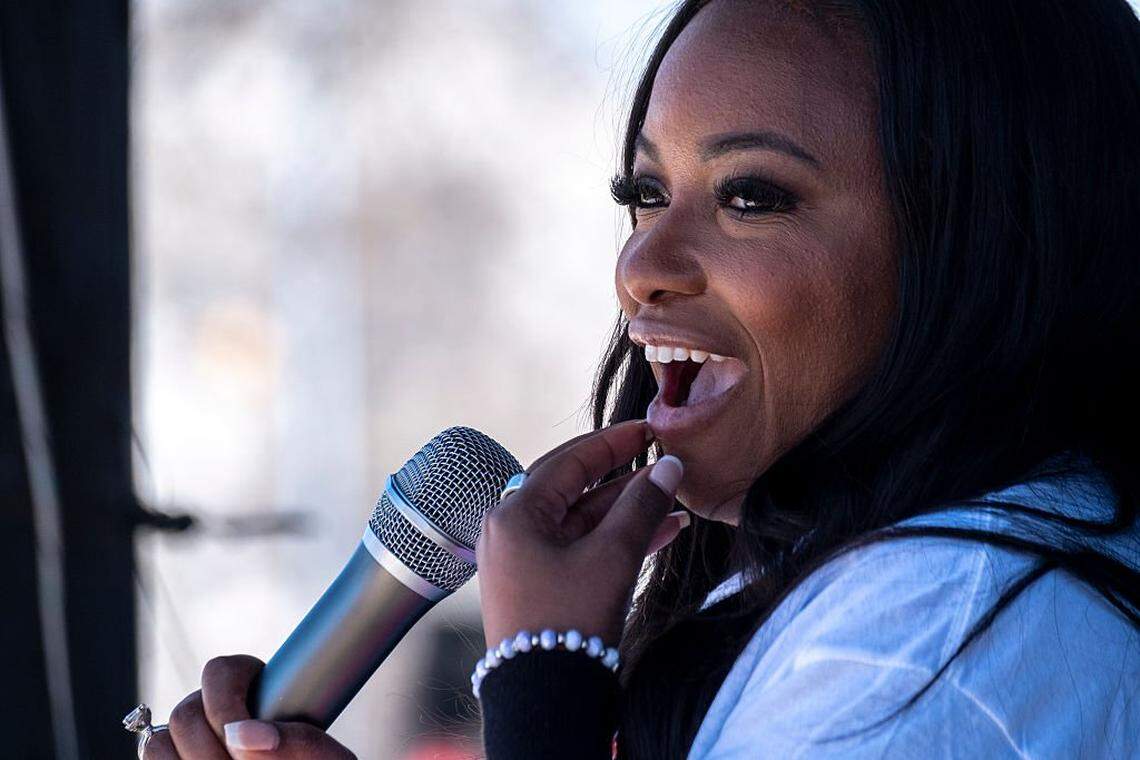 U.S. Rep. Jasmine Crockett speaks at a campaign rally Feb. 22, 2026, in San Antonio.