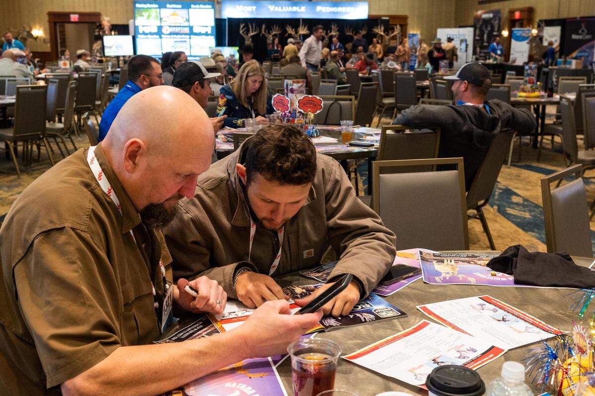 Dewayne Spann and Cody Spann look over the auction book during the Deer Breeding Corp.’s January 2022 at Horseshoe Bay Resort.