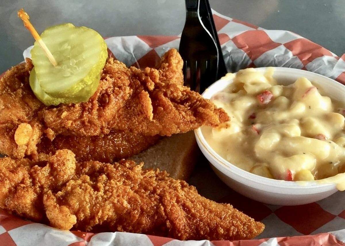 Nashville hot chicken tenders with pimiento mac-and-cheese at Hattie B’s.