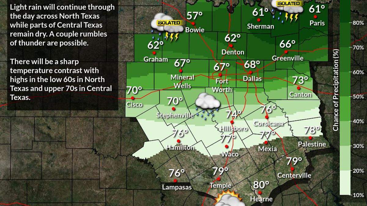 Light rain will continue through the day in North Texas.