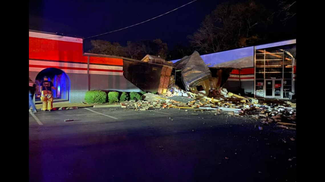 An 18-wheeler smashed through an Autozone auto parts store in Lufkin, Texas.