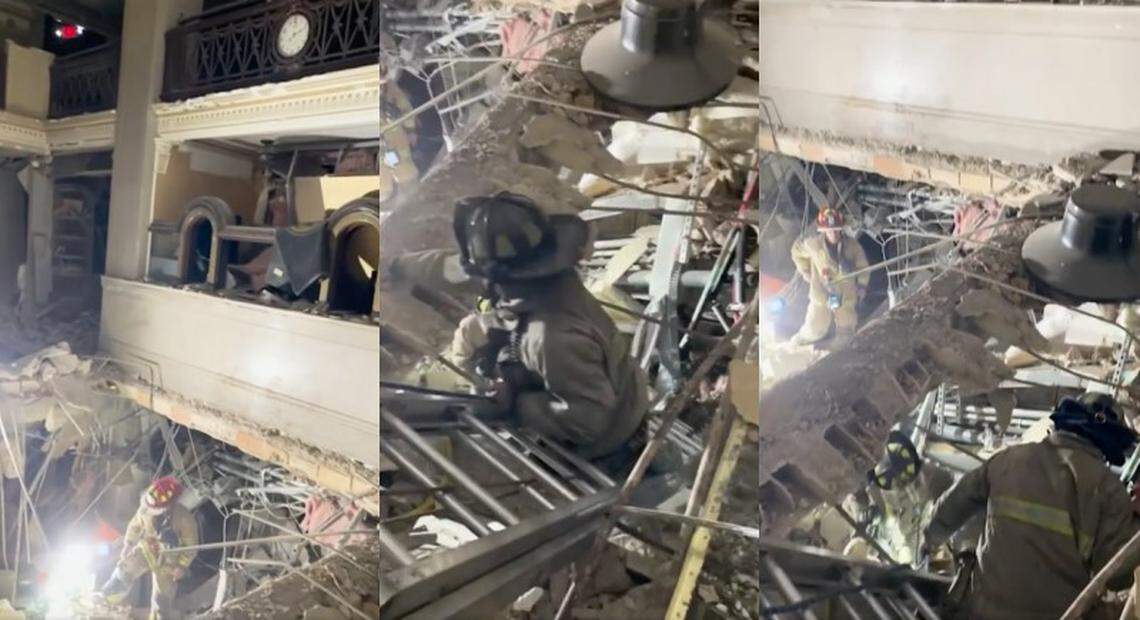 Images included in a lawsuit show the destruction inside the Sandman Signature Hotel in downtown Fort Worth, Texas, after an explosion on Jan. 8, 2024. A employee of basement-level restaurant Musume, Karen Lopez Ontiveros, was at the epicenter of the blast, believed to have ignited from a gas leak in the kitchen, her attorneys wrote in the suit filed Jan. 18. The first floor of the hotel collapsed on top of Lopez Ontiveros, who also suffered burns to more than 20% of her body and has “a low chance of survival,” her attorneys said.