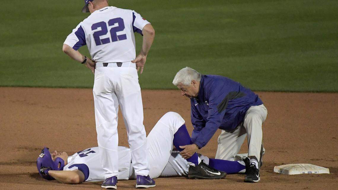 TCU first baseman Luken Baker left Tuesday's game against Abilene Christian with a broken bone in his lower leg.