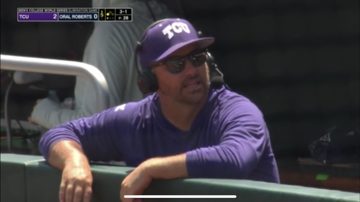 TCU’s head coach Kirk Saarloos has gotten praise for his likeable attitude and fun commentary while participating in ESPN’s in-game interviews during the College World Series.