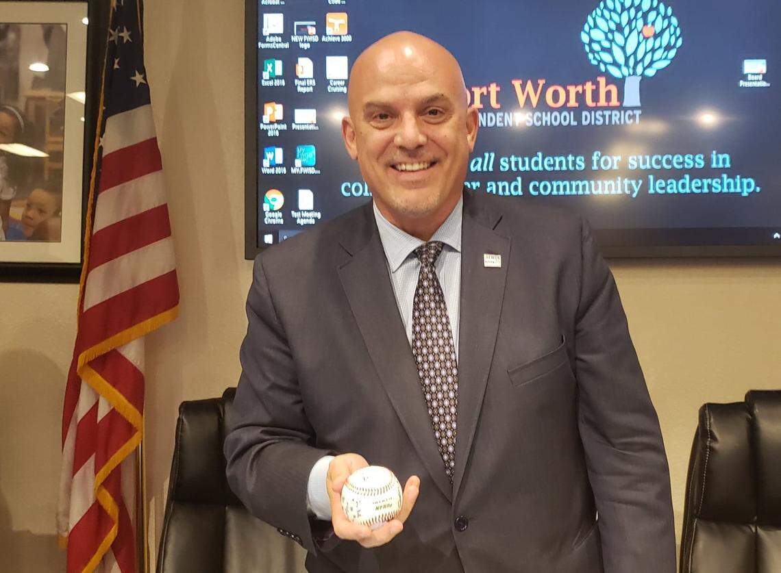 Members of the Benbrook High School’s baseball team recently presented Superintendent Kent P. Scribner with a signed baseball.
