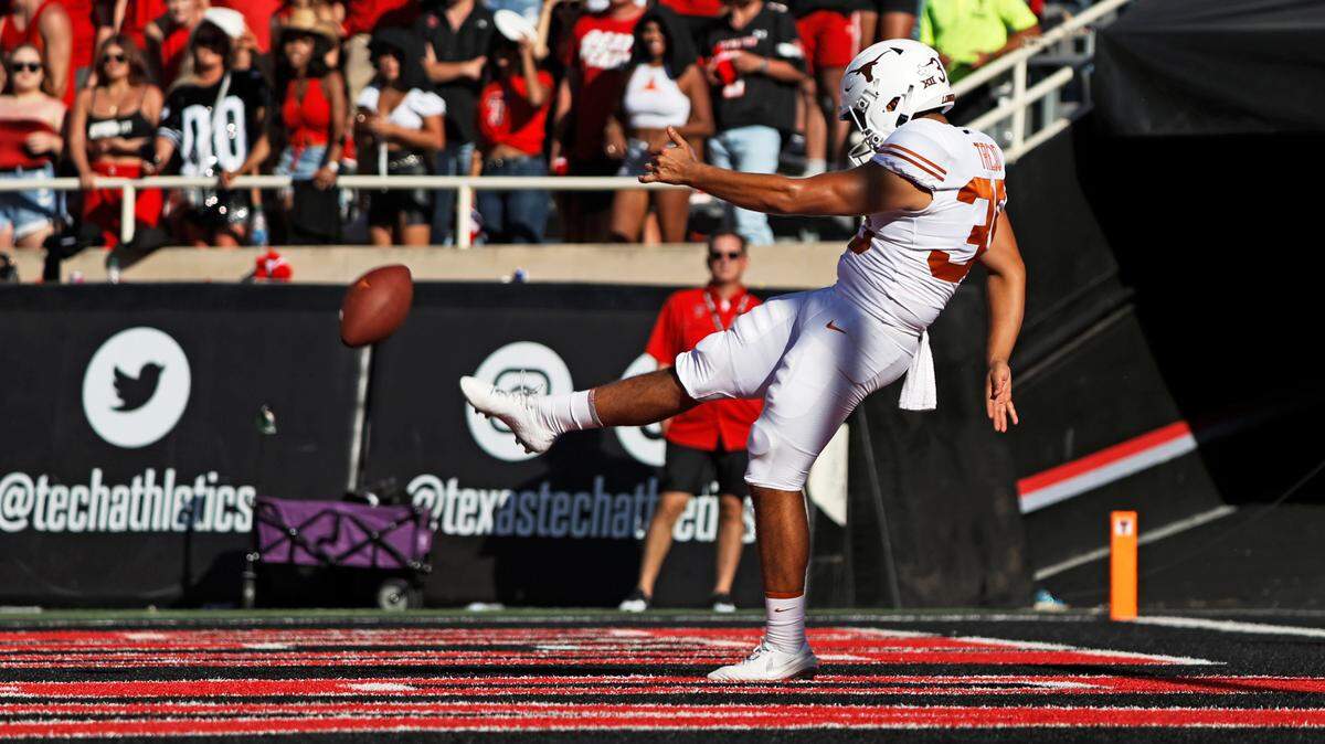 Texas’ Daniel Trejo (35) is from Fort Worth and played at Castelberry high school, attended Tarrant County College, played at Texas Wesleyan, and is now UT’s starting punter.