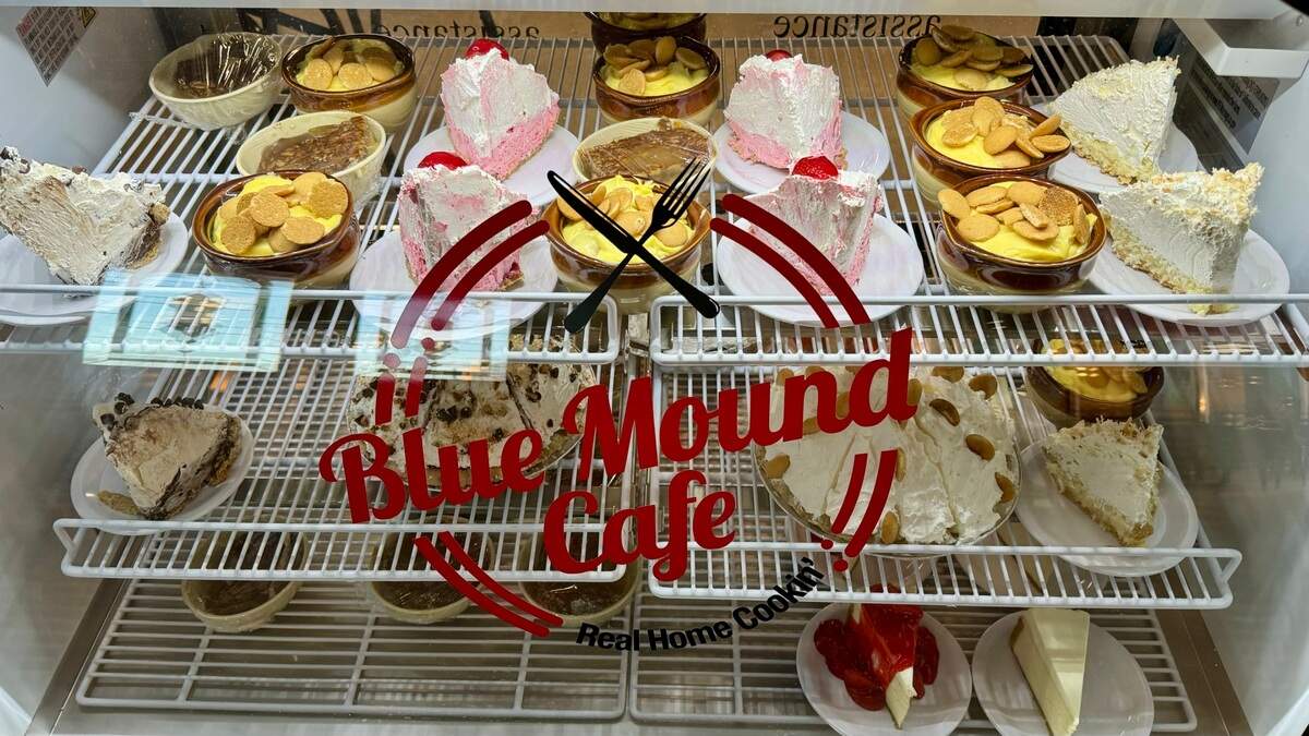 Pies, cobblers and banana pudding in the dessert case at Blue Mound Cafe in North Richland Hills.