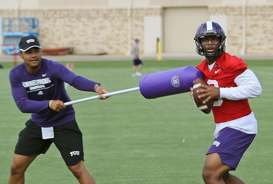 Shawn Robinson (QB, 3) during drills as the TCU Horned Frogs hold their first regular preseason practice in Fort Worth, Saturday, August 4, 2018.