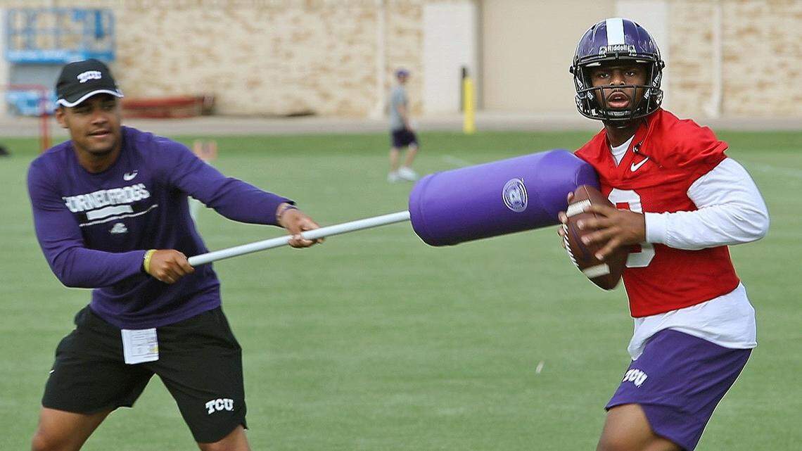 Shawn Robinson (QB, 3) during drills as the TCU Horned Frogs hold their first regular preseason practice in Fort Worth, Saturday, August 4, 2018.