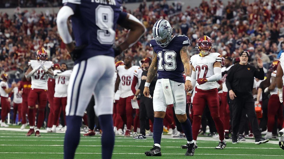 Dallas Cowboys quarterback Trey Lance (19) reacts after failing to connect in the end zone for a touchdown against the Washington Commanders at AT&T Stadium in Arlington on Sunday, Jan. 5, 2025.