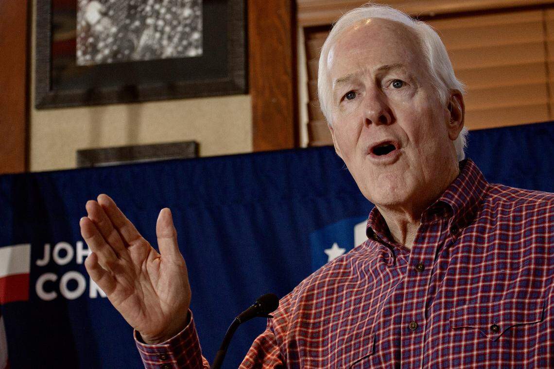 Sen. John Cornyn (R-TX) speaks at a campaign rally on February 28, 2026 in The Woodlands, Texas. Cornyn is visiting various locations in Texas ahead of the March 3 primaries.