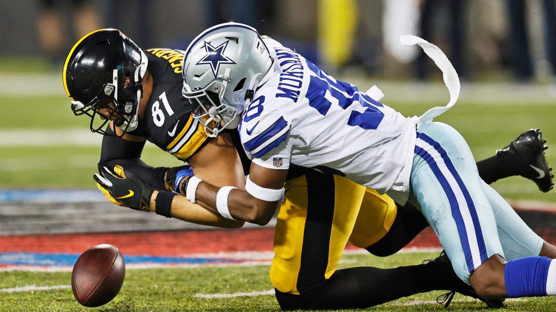 Dallas Cowboys cornerback Israel Mukuamu (38) breaks up a pass intended for Pittsburgh Steelers tight end Zach Gentry (81) during the first half of the Pro Football Hall of Fame NFL preseason game Thursday, Aug. 5, 2021, in Canton, Ohio. (AP Photo/Ron Schwane)