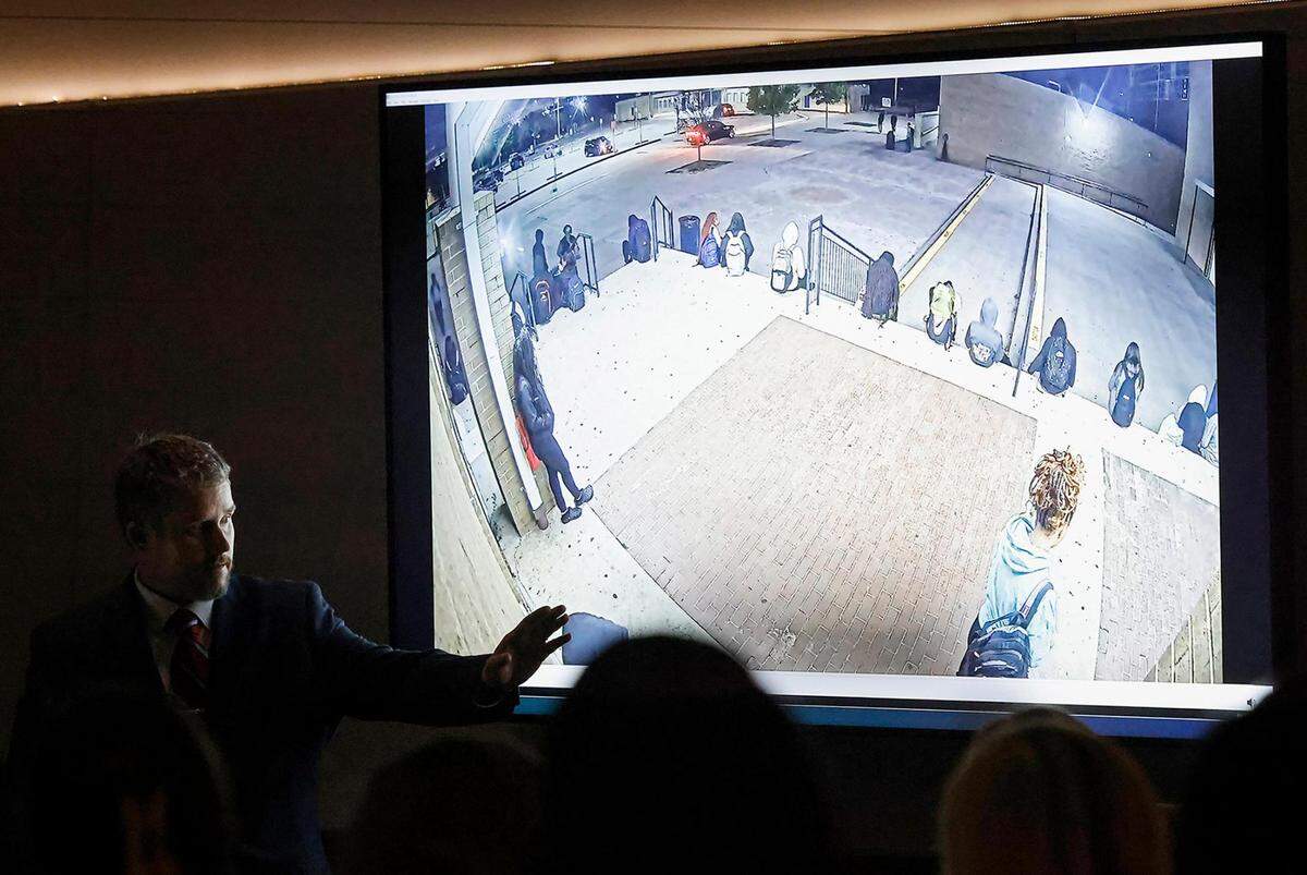 Tarrant County Assistant Criminal District Attorney Lee Sorrells shows the jury a surveillance video on Tuesday that shows the shooting at Lamar High on March 20 that killed student Ja’Shawn Poirier.