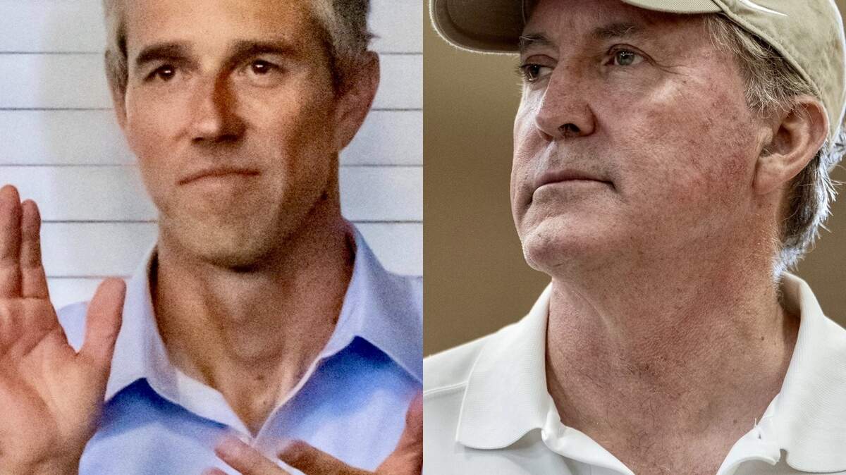 El Paso Democrat Beto O’Rourke, left, applauded at a town hall sponsored by his Powered by People organization Aug. 2, 2025, in Milwaukee, Wisconsin. Texas Attorney General Ken Paxton attended a roundtable discussion July 11, 2025, in Kerrville, Texas, after an devastating flash flood.