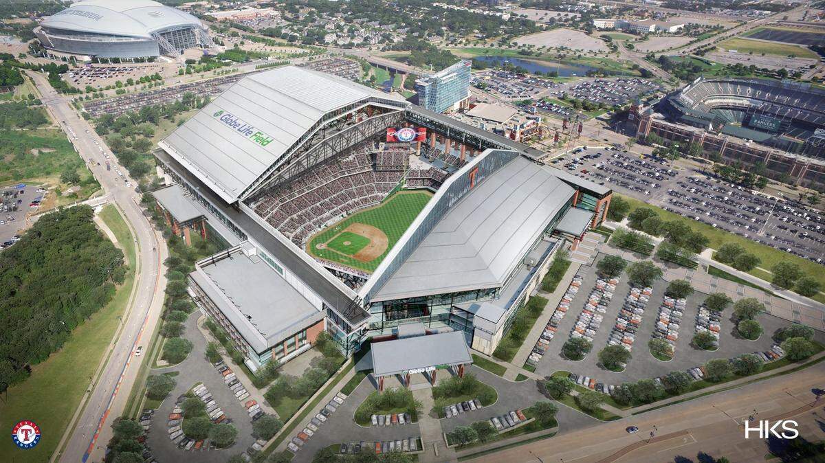 Updated artist renderings show Globe Life Field with its retractable roof open with AT&T Stadium to its west. The stadium is scheduled to be completed in March for the Texas Rangers’ 2020 season.