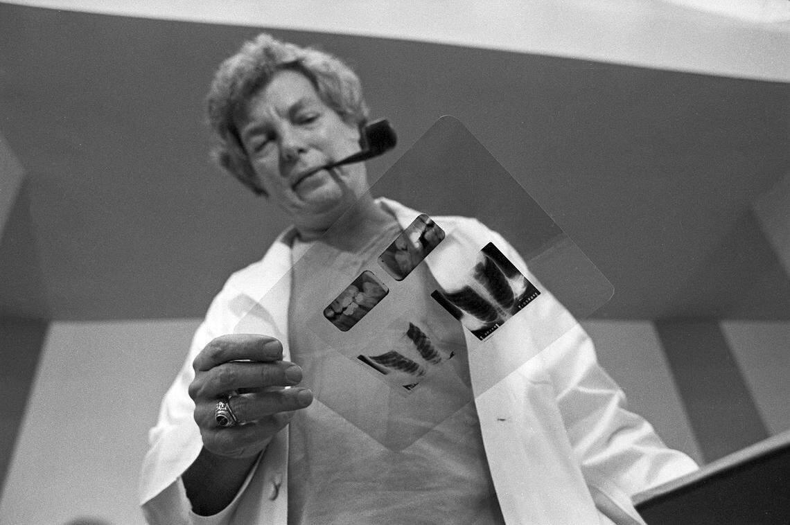 Oct. 4, 1981: Dr. Irvin Sopher holds up an X-ray and dental records of Lee Harvey Oswald during an autopsy in Dallas after Oswald’s remains were exhumed from Rose Hill Memorial Park in Fort Worth. The autopsy took place at the Baylor University Medical Center.