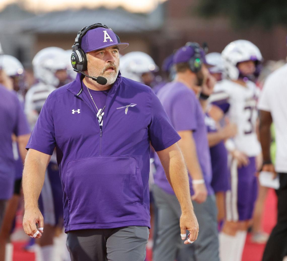 Alvarado head coach Casey Walraven glances to the end zone during a UIL football game at Tiger Stadium in Glen Rose Texas, Friday, Sept. 27, 2024.