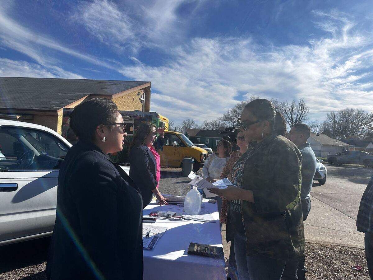 U.S. Rep. Marc Veasey along with constituent service representative Maria Robles answer questions from concerned community members, educators and parents near North Side High School in Fort Worth on Thursday afternoon, Jan. 30.