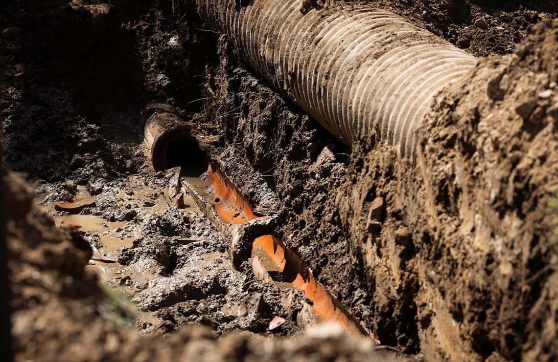 A broken clay pipe spilled sewage before a crew began work to replace it on Tuesday, March 25, 2025, in Runaway Bay. Mayor Herman White has spent the past three years advocating for funding to start replacing over 30 miles of sewer lines, 300 manholes and 17 lift stations.