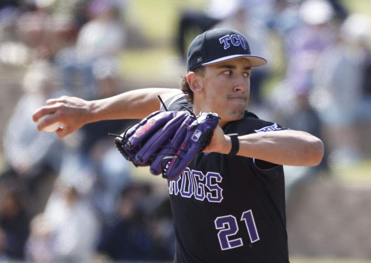 TCU pitcher Tyler Phenow (21) throws during an NCAA baseball game against New Mexico State at Lupton Field at TCU in Fort Worth, Texas, Tuesday, March, 17, 2026.