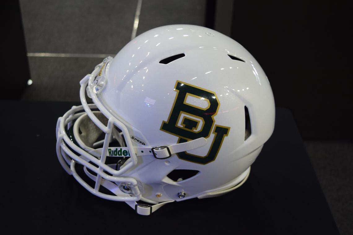 A Baylor football helmet is pictured from Big 12 Media Days at The Ford Center at The Star in Frisco, Texas, on July 16, 2018.